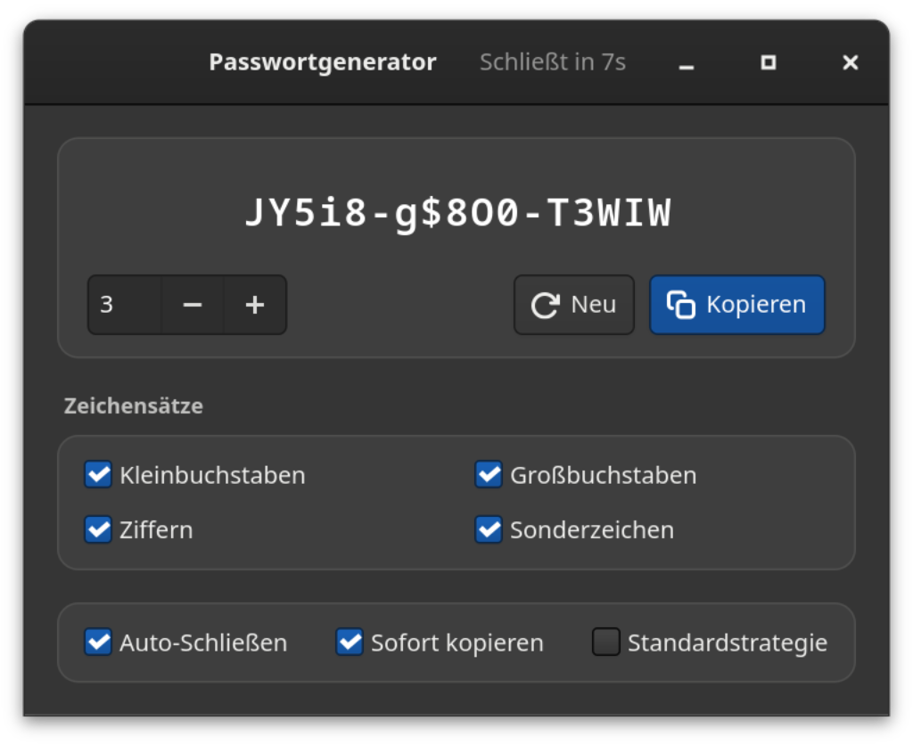 Das Fenster im dunklen Modus mit Passwort, Zeichensätzen und Optionen