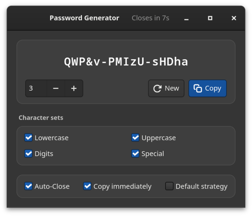 The window in dark mode, with password, character sets and options