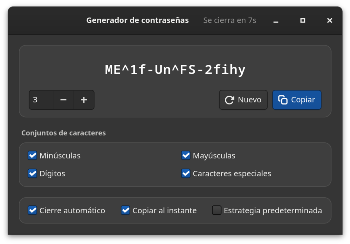 La ventana en modo oscuro, con contraseña, juegos de caracteres y opciones