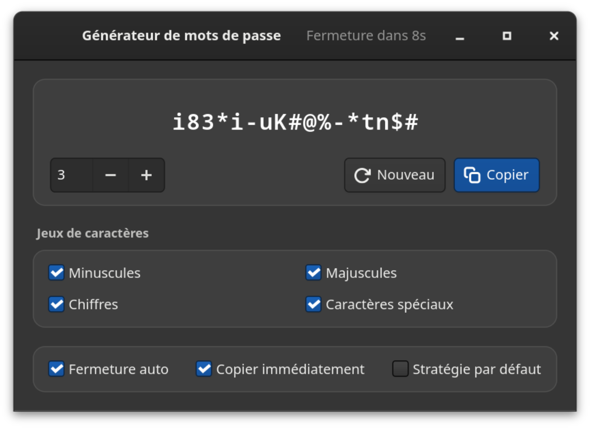 La fenêtre en mode sombre, avec le mot de passe, les jeux de caractères et les options