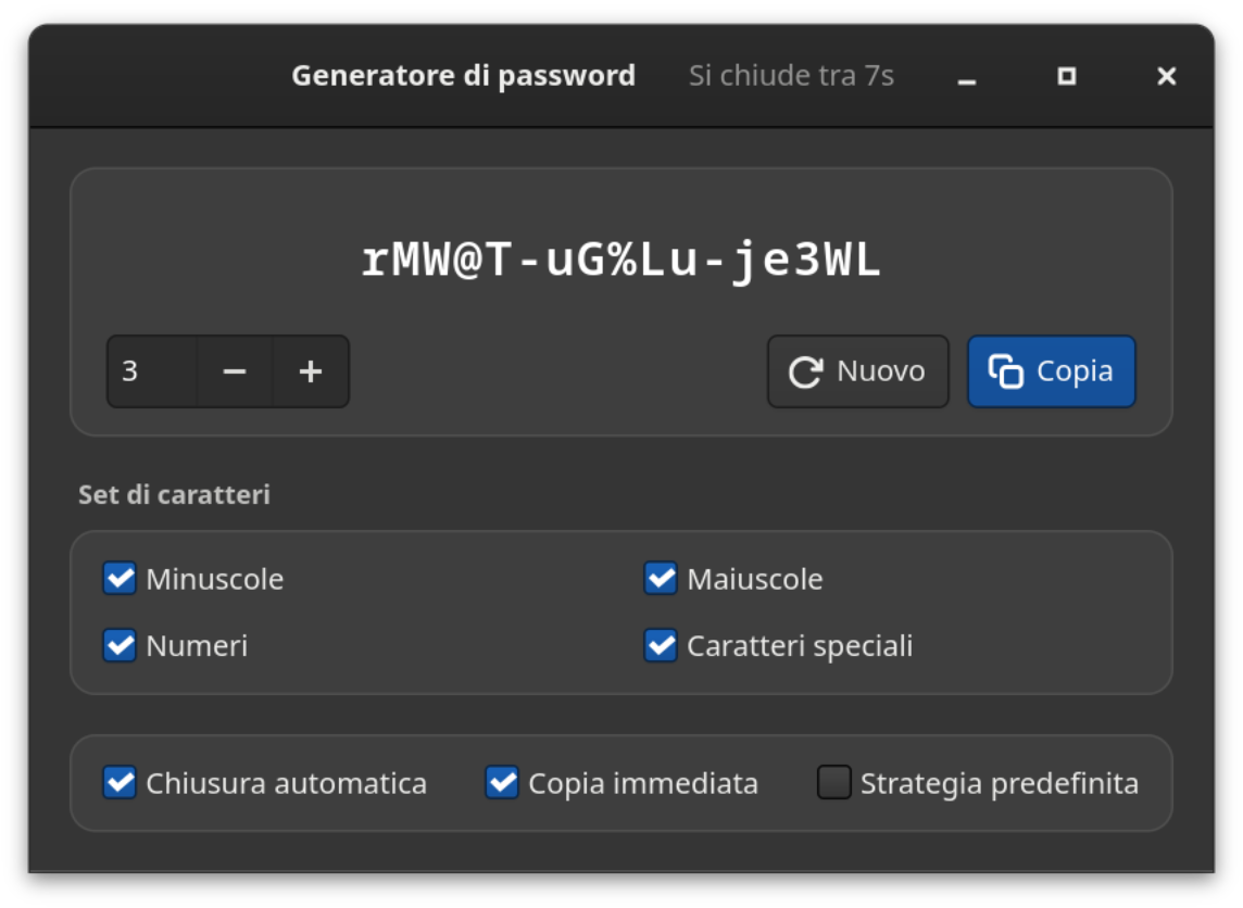 La finestra in modalità scura, con password, set di caratteri e opzioni